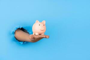 Female hand through blue paper holding piggy bank photo