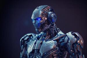 A robot with a blue-tinted metallic finish, performing various tasks and showcasing advanced artificial intelligence capabilities. photo