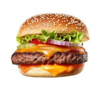 Fresh tasty burger isolated on white background. Generative AI photo