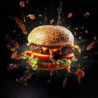 que cae Fresco sabroso hamburguesa en negro antecedentes con salsa de tomate chapoteo. generativo ai foto