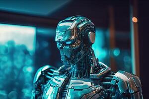A robot with a blue-tinted metallic finish, performing various tasks and showcasing advanced artificial intelligence capabilities. photo
