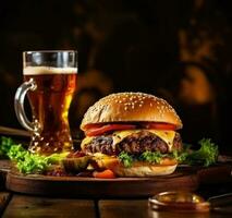 Beer with burger and fries with frosted rim on a table. Generative AI photo