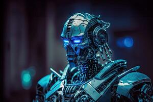 A robot with a blue-tinted metallic finish, performing various tasks and showcasing advanced artificial intelligence capabilities. photo
