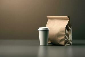 Delivery containers for takeaway food. Paper coffee cup with packed food. Generative Ai. photo