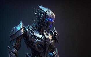 A robot with a blue-tinted metallic finish, performing various tasks and showcasing advanced artificial intelligence capabilities. photo