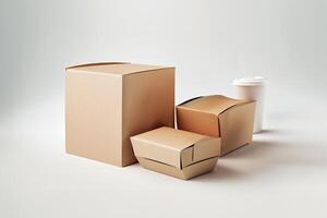 Delivery containers for takeaway food. Paper coffee cup with packed food. Generative Ai. photo