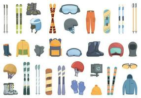 Ski equipment rental icons set cartoon vector. Winter travel vector