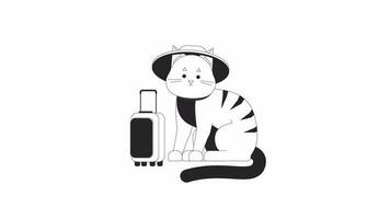 Cute cat traveler with luggage bw outline 2D animation. Tabby cat wearing hat 4K video motion graphic. Funny animal wagging tail monochrome linear animated cartoon flat concept, white background