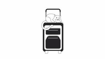 Cat sleeping on suitcase bw outline cartoon animation. Resting kitten lying on luggage top 4K video motion graphic. Vacation pet 2D monochrome linear animated character isolated on white background