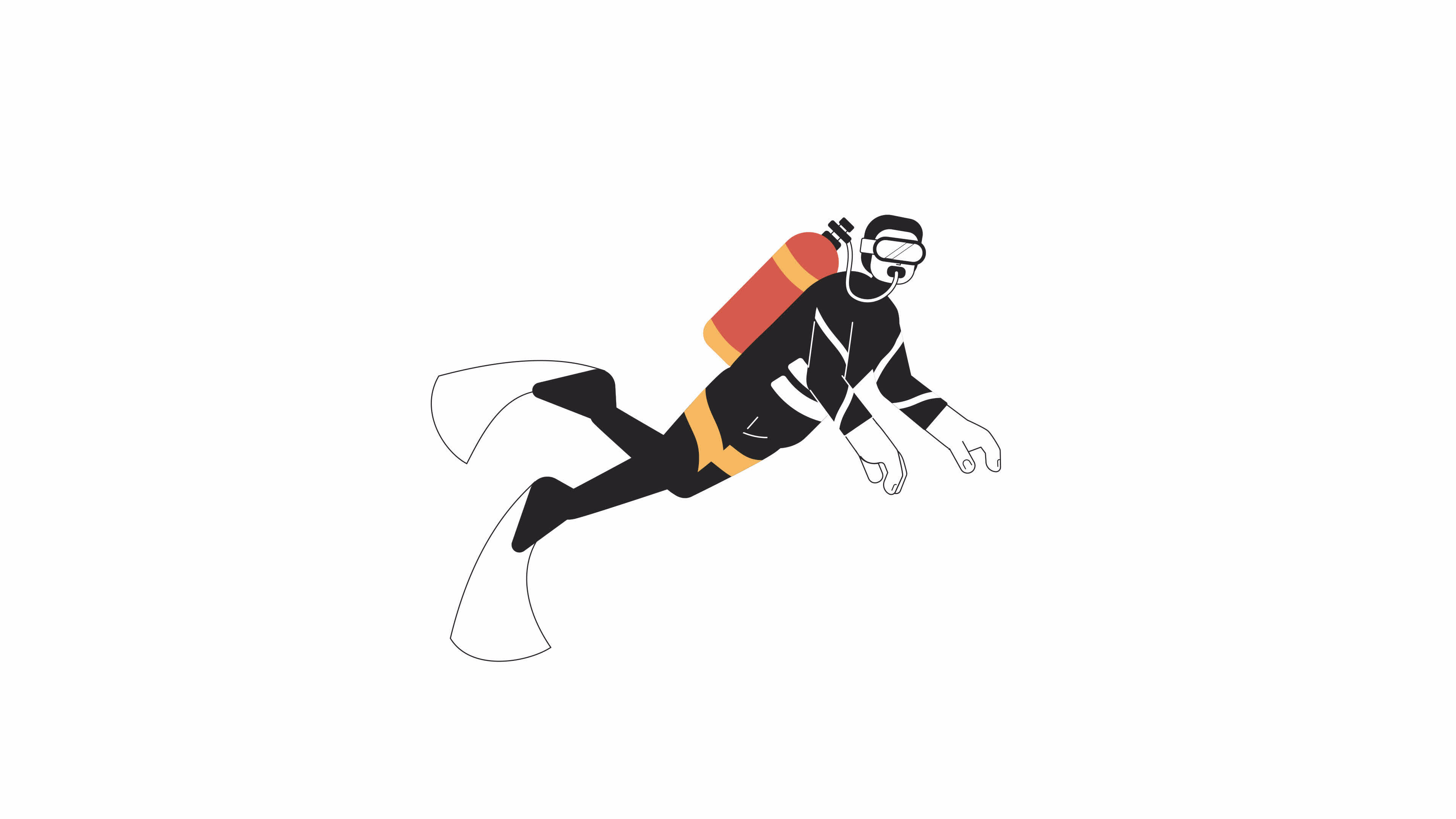 Male scuba diver swimming bw 2D character animation. Snorkeling man