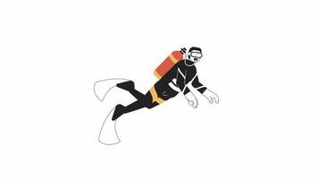 Male scuba diver swimming bw 2D character animation. Snorkeling man. Diving class outline cartoon 4K video, alpha channel. Snorkeler with air supply animated person isolated on white background video