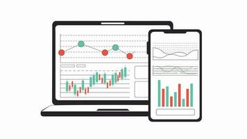 mobil, bärbar dator handel plattformar bw 2d objekt animation. investering Ansökan översikt tecknad serie 4k video, alfa kanal. tillväxt medel. stock handel Hem animerad ikon isolerat på vit bakgrund video