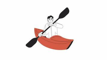 joven caucásico hombre remar kayac bw 2d personaje animación. canotaje, agua Deportes contorno dibujos animados 4k video, alfa canal. chico remo con paleta animado persona aislado en blanco antecedentes video