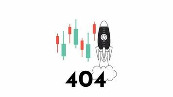 Stock market trends bw error 404 animation. Online trade error message gif, motion graphic. Candlesticks stocks with rocket take off animated object outline 4K video isolated on white background