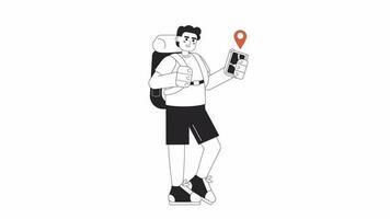 Hiker looking at location tracking app bw 2D animation. Trekker with smartphone 4K video motion graphic. Backpacker with cell phone monochrome outline animated cartoon flat concept, white background