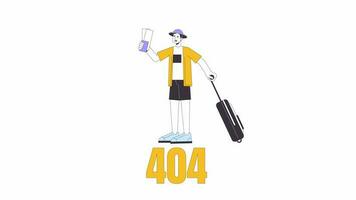 Traveler with airline tickets carrying suitcase 404 error animation. Trip man error message gif, motion graphic. Going on vacation animated cartoon line character 4K video isolated on white background