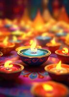 Lit diya candles against a colorful background. Generative AI photo