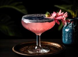 Margarita cocktail on a table with flowers and leaves. photo