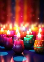 Lit diya candles against a colorful background. Generative AI photo