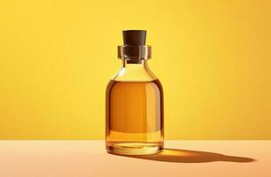 Bottle of olive oil on yellow flat background. photo