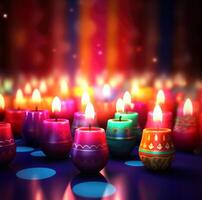 Lit diya candles against a colorful background. photo