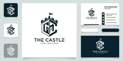 Vector illustration of castle logo design emblem, palace, fortress and business card design template Premium Vector