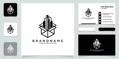 Cube building logo design element ,Building logo ,Cube icon with business card design Premium Vector