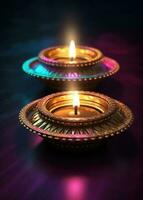 Two indian diya lamps lit up in a circular shape around the candle flame. Generative AI photo