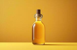 Bottle of olive oil on yellow flat background. photo