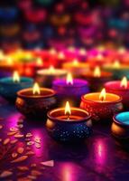 Lit diya candles against a colorful background. Generative AI photo