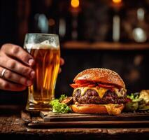 Beer with burger and fries with frosted rim on a table. Generative AI photo