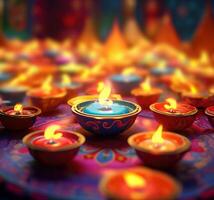 Lit diya candles against a colorful background. Generative AI photo