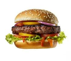 Fresh tasty burger isolated on white background. Generative AI photo