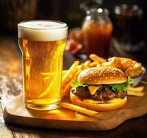 Beer with burger and fries with frosted rim on a table. Generative AI photo