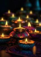 Group of diwali lit lamps on a table on a dark day. Generative AI photo