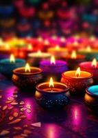 Lit diya candles against a colorful background. Generative AI photo