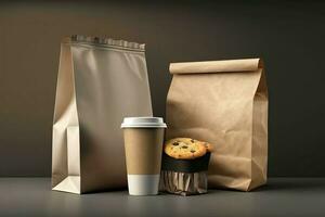 Delivery containers for takeaway food. Paper coffee cup with packed food. Generative Ai. photo