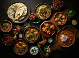 Bowls of indian food on dark table. photo