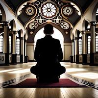 Silhouette object in the mosque, muslim people praying with the atmosphere of a mosque in the middle east, good to use for business, blog, presentation, religious. By Ai generative image photo