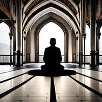 Silhouette object in the mosque, muslim people praying with the atmosphere of a mosque in the middle east, good to use for business, blog, presentation, religious. By Ai generative image photo