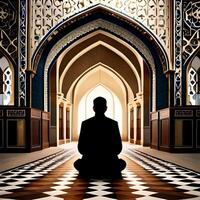 Silhouette object in the mosque, muslim people praying with the atmosphere of a mosque in the middle east, good to use for business, blog, presentation, religious. By Ai generative image photo