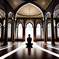 Silhouette object in the mosque, muslim people praying with the atmosphere of a mosque in the middle east, good to use for business, blog, presentation, religious. By Ai generative image photo