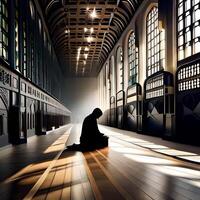 Silhouette object in the mosque, muslim people praying with the atmosphere of a mosque in the middle east, good to use for business, blog, presentation, religious. By Ai generative image photo