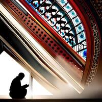 Silhouette object in the mosque, muslim people praying with the atmosphere of a mosque in the middle east, good to use for business, blog, presentation, religious. By Ai generative image photo