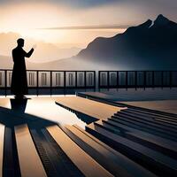 Silhouette object in the mosque, muslim people praying with the atmosphere of a mosque in the middle east, good to use for business, blog, presentation, religious. By Ai generative image photo