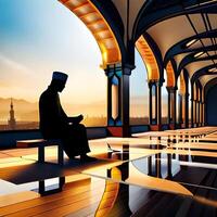 Silhouette object in the mosque, muslim people praying with the atmosphere of a mosque in the middle east, good to use for business, blog, presentation, religious. By Ai generative image photo