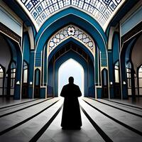 Silhouette object in the mosque, muslim people praying with the atmosphere of a mosque in the middle east, good to use for business, blog, presentation, religious. By image photo