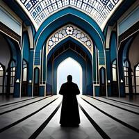 Silhouette object in the mosque, muslim people praying with the atmosphere of a mosque in the middle east, good to use for business, blog, presentation, religious. By Ai generative image photo