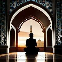 Silhouette object in the mosque, muslim people praying with the atmosphere of a mosque in the middle east, good to use for business, blog, presentation, religious. By Ai generative image photo