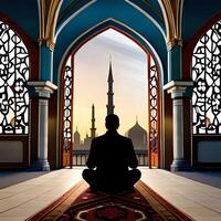 Silhouette object in the mosque, muslim people praying with the atmosphere of a mosque in the middle east, good to use for business, blog, presentation, religious. By Ai generative image photo